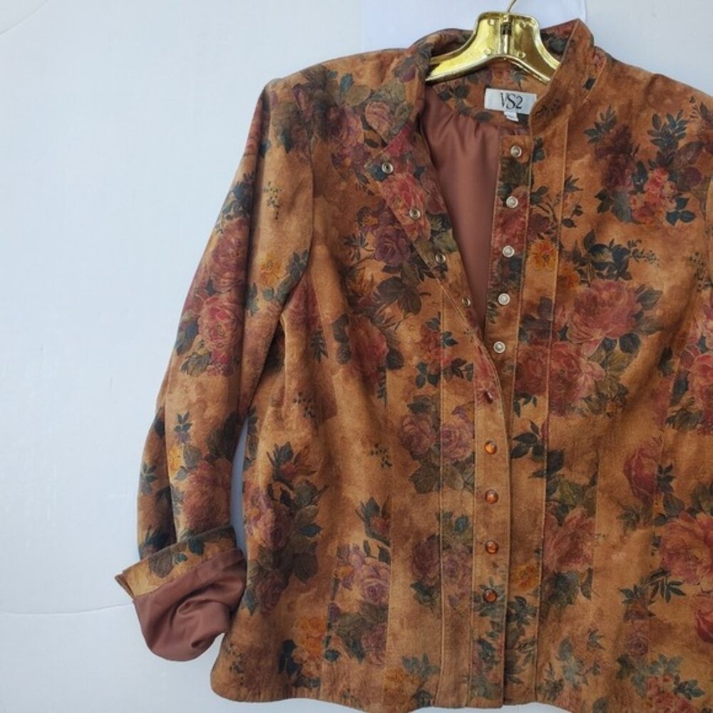 Leather Suede Jacket Cottagecore Romantic Floral Snap Down Vintage - Picture 11 of 16